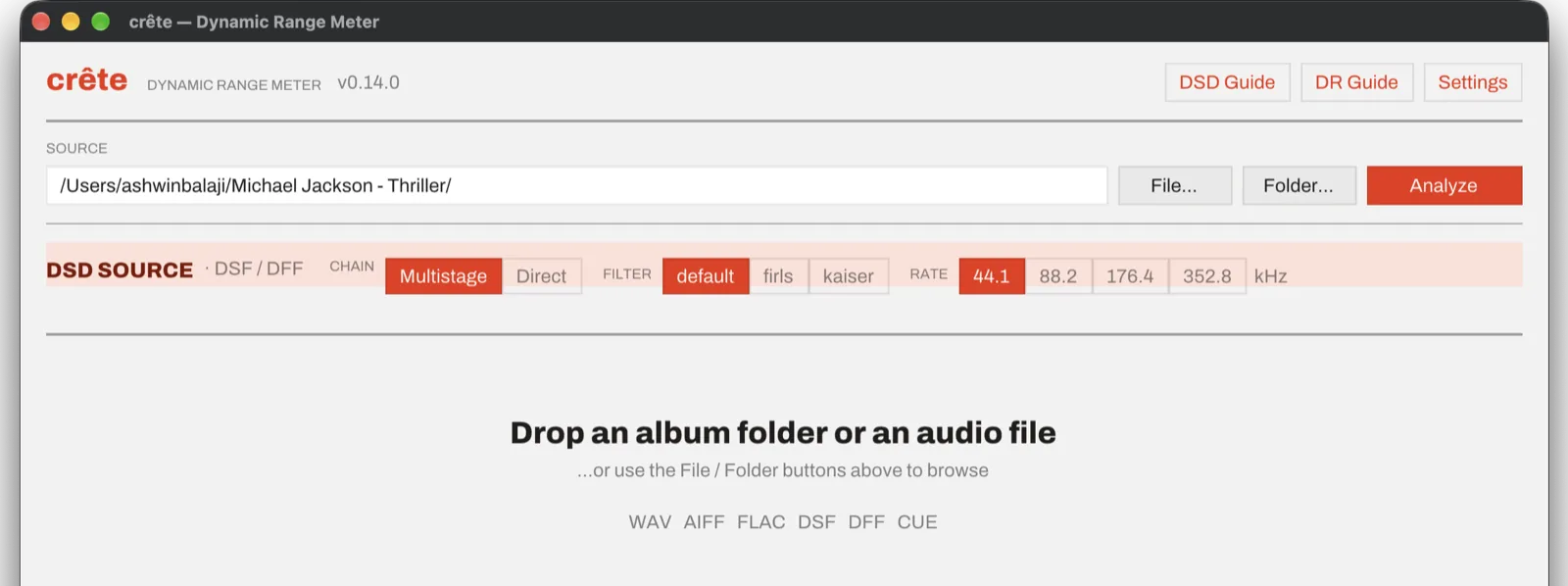 The DSD strip, shown only for DSD sources: chain (multistage or direct), filter (default, firls or kaiser) and output rate (44.1 to 352.8 kHz), with the shipping defaults — multistage, default, 44.1 kHz — selected. Below it, the empty drop target listing the accepted formats.