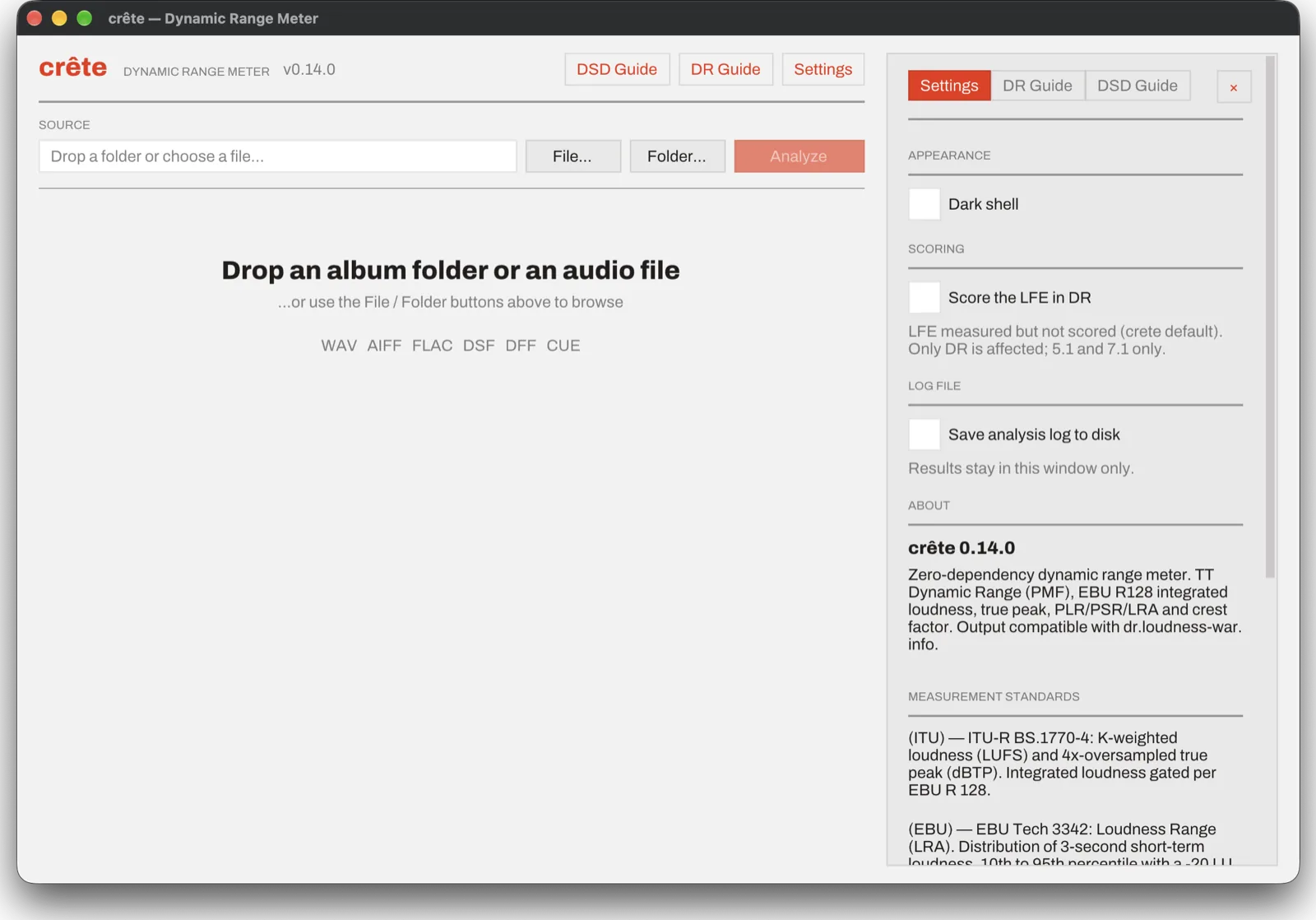 The side panel open on Settings: the dark-shell toggle, the “score the LFE in DR” switch noting that the LFE is measured but not scored by default, the opt-in analysis log, and below them the About text and the measurement-standards list.